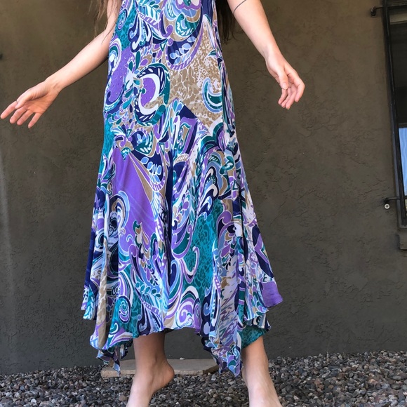 Stunning beaded vintage flowy asymmetric hem sleeveless paisley print dress - Picture 5 of 6